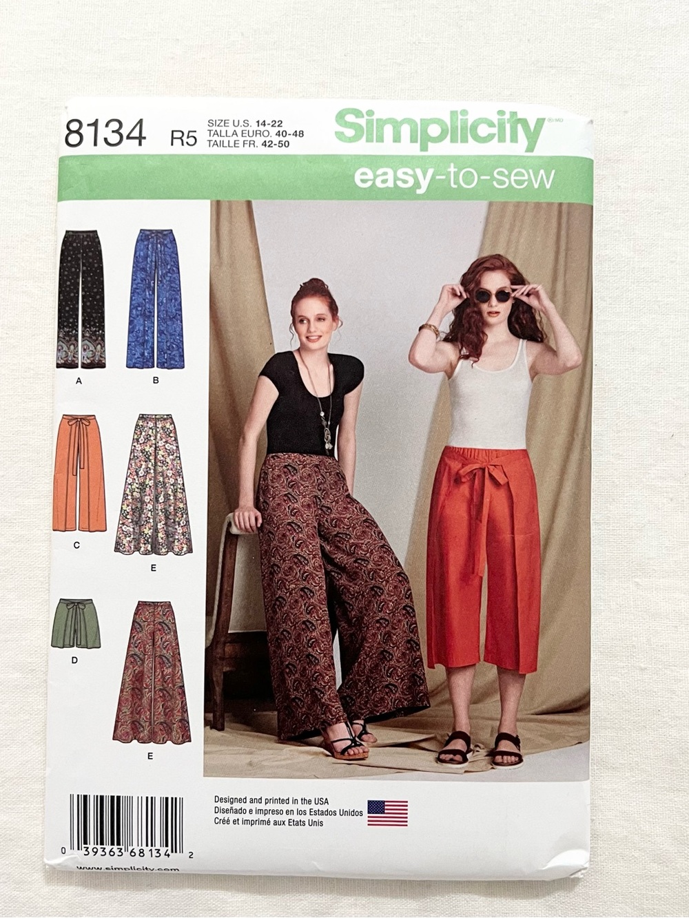 Simplicity 8134 Easy Wide Leg Wrap Pants Shorts Pattern Size 14-22 Uncut
